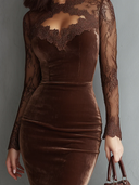 Carina | Women's High Neck Sheer Lace Long Sleeve Velvet Cutout Midi Dress