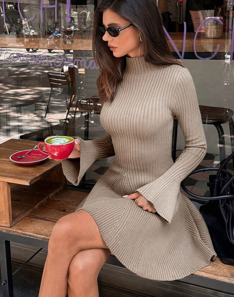 Carlotta | Women's Mock Neck Bell Sleeve Flared Hem Ribbed Knit Mini Dress