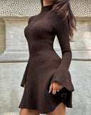 Carlotta | Women's Mock Neck Bell Sleeve Flared Hem Ribbed Knit Mini Dress