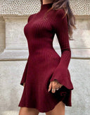 Carlotta | Women's Mock Neck Bell Sleeve Flared Hem Ribbed Knit Mini Dress
