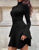 Carlotta | Women's Mock Neck Bell Sleeve Flared Hem Ribbed Knit Mini Dress