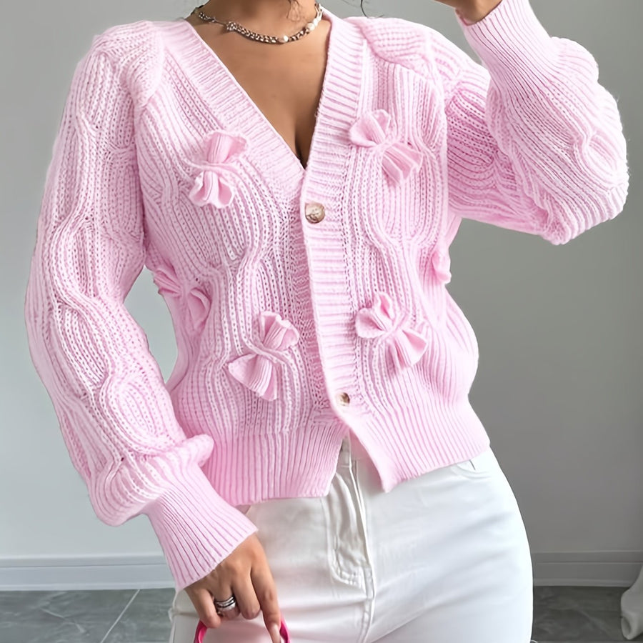Carys | Women's V Neck Bow Detail Flared Cuff Long Sleeve Cable Knit Cardigan