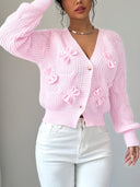 Carys | Women's V Neck Bow Detail Flared Cuff Long Sleeve Cable Knit Cardigan