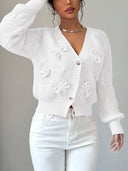 Carys | Women's V Neck Bow Detail Flared Cuff Long Sleeve Cable Knit Cardigan