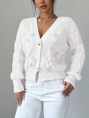 Carys | Women's V Neck Bow Detail Flared Cuff Long Sleeve Cable Knit Cardigan
