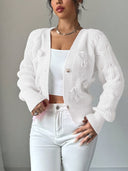 Carys | Women's V Neck Bow Detail Flared Cuff Long Sleeve Cable Knit Cardigan