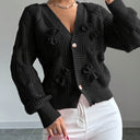 Carys | Women's V Neck Bow Detail Flared Cuff Long Sleeve Cable Knit Cardigan