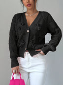 Carys | Women's V Neck Bow Detail Flared Cuff Long Sleeve Cable Knit Cardigan