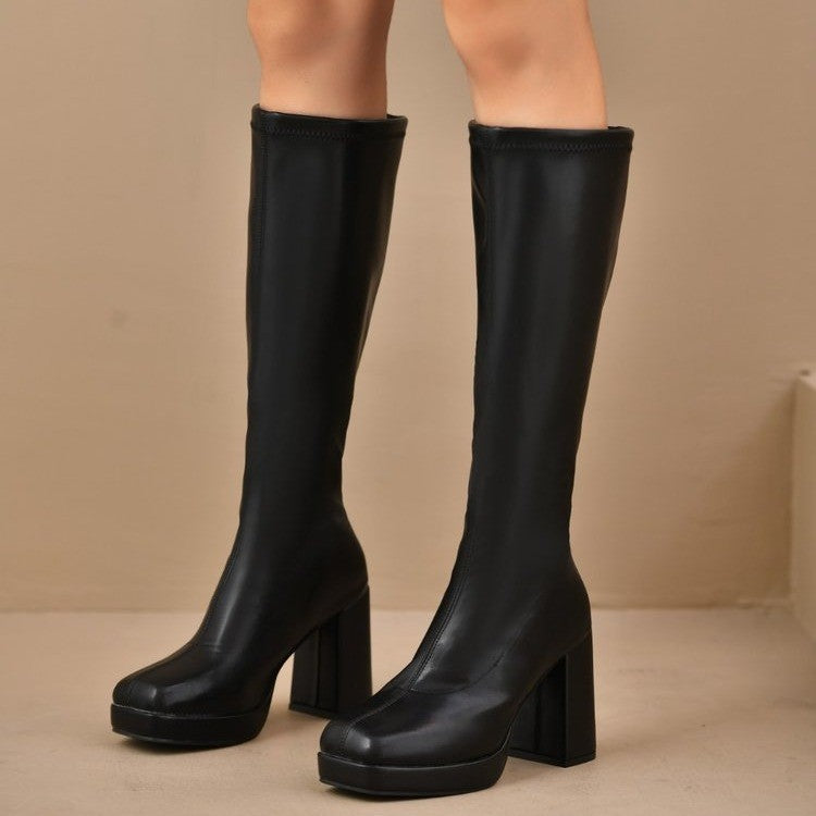 Catalina | Women's Square Toe Tall Block Knee High Platform Heel Boots
