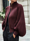 Catriona | Women's High Collar Zip Front Balloon Sleeve Ribbed Knit Cardigan