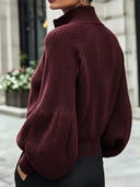 Catriona | Women's High Collar Zip Front Balloon Sleeve Ribbed Knit Cardigan