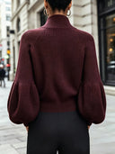 Catriona | Women's High Collar Zip Front Balloon Sleeve Ribbed Knit Cardigan