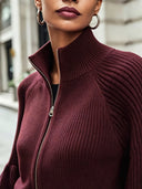 Catriona | Women's High Collar Zip Front Balloon Sleeve Ribbed Knit Cardigan