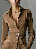 Celia | Women's Faux Suede Collared Button Front Belted Long Sleeve Shirt Mini Dress