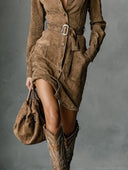 Celia | Women's Faux Suede Collared Button Front Belted Long Sleeve Shirt Mini Dress