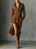 Celia | Women's Faux Suede Collared Button Front Belted Long Sleeve Shirt Mini Dress