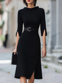 Celina | Women's Belted Split Sleeve High Neck Midi Dress