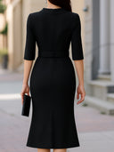 Celina | Women's Belted Split Sleeve High Neck Midi Dress