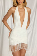 Charlee | Women's Halter Neck Plunge Open Back Beaded Fringe Mini Dress