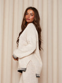 Chaya | Women's Crew Neck Contrast Trim Long Sleeve Knit Wide Leg Two Piece Set