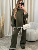 Chaya | Women's Crew Neck Contrast Trim Long Sleeve Knit Wide Leg Two Piece Set