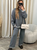 Chaya | Women's Crew Neck Contrast Trim Long Sleeve Knit Wide Leg Two Piece Set