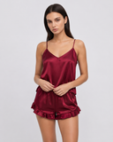 Cheryl | Women's Satin V Neck Spaghetti Strap Cami Pajama Set with Ruffle Shorts