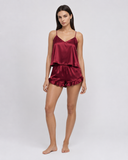 Cheryl | Women's Satin V Neck Spaghetti Strap Cami Pajama Set with Ruffle Shorts