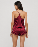 Cheryl | Women's Satin V Neck Spaghetti Strap Cami Pajama Set with Ruffle Shorts