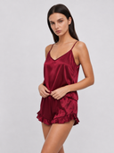 Cheryl | Women's Satin V Neck Spaghetti Strap Cami Pajama Set with Ruffle Shorts