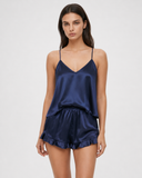 Cheryl | Women's Satin V Neck Spaghetti Strap Cami Pajama Set with Ruffle Shorts