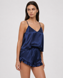 Cheryl | Women's Satin V Neck Spaghetti Strap Cami Pajama Set with Ruffle Shorts