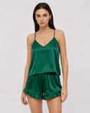Cheryl | Women's Satin V Neck Spaghetti Strap Cami Pajama Set with Ruffle Shorts