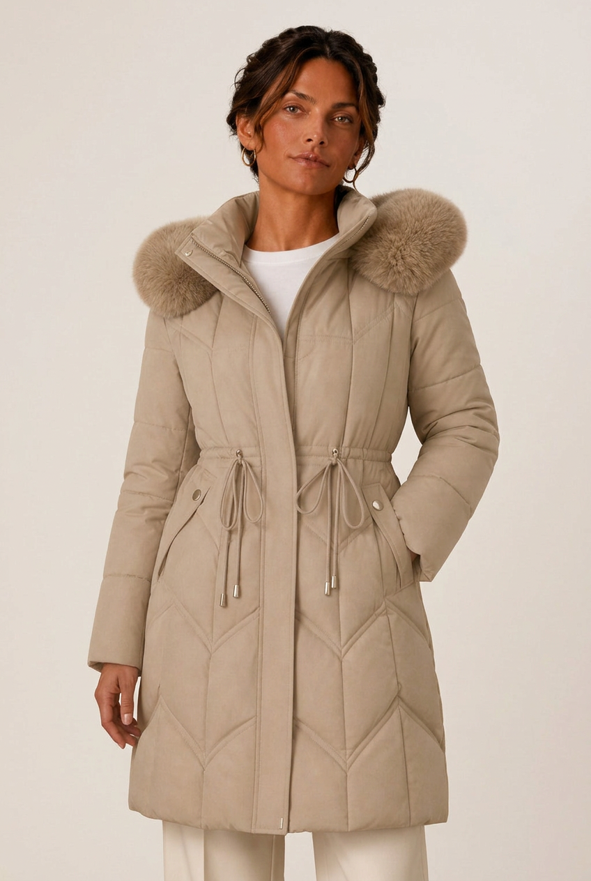 Christa | Women's Drawstring Waist Zip Front Long Puffer Jacket