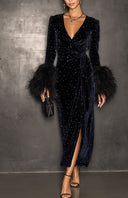 Citlali | Women's Studded Velvet V Neck Wrap Midi Dress with Feather Cuffs