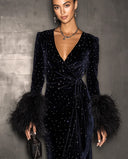 Citlali | Women's Studded Velvet V Neck Wrap Midi Dress with Feather Cuffs