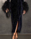 Citlali | Women's Studded Velvet V Neck Wrap Midi Dress with Feather Cuffs
