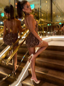 Claudia | Women's Party Halter Neck Open Back Sequin Fringe Mini Dress