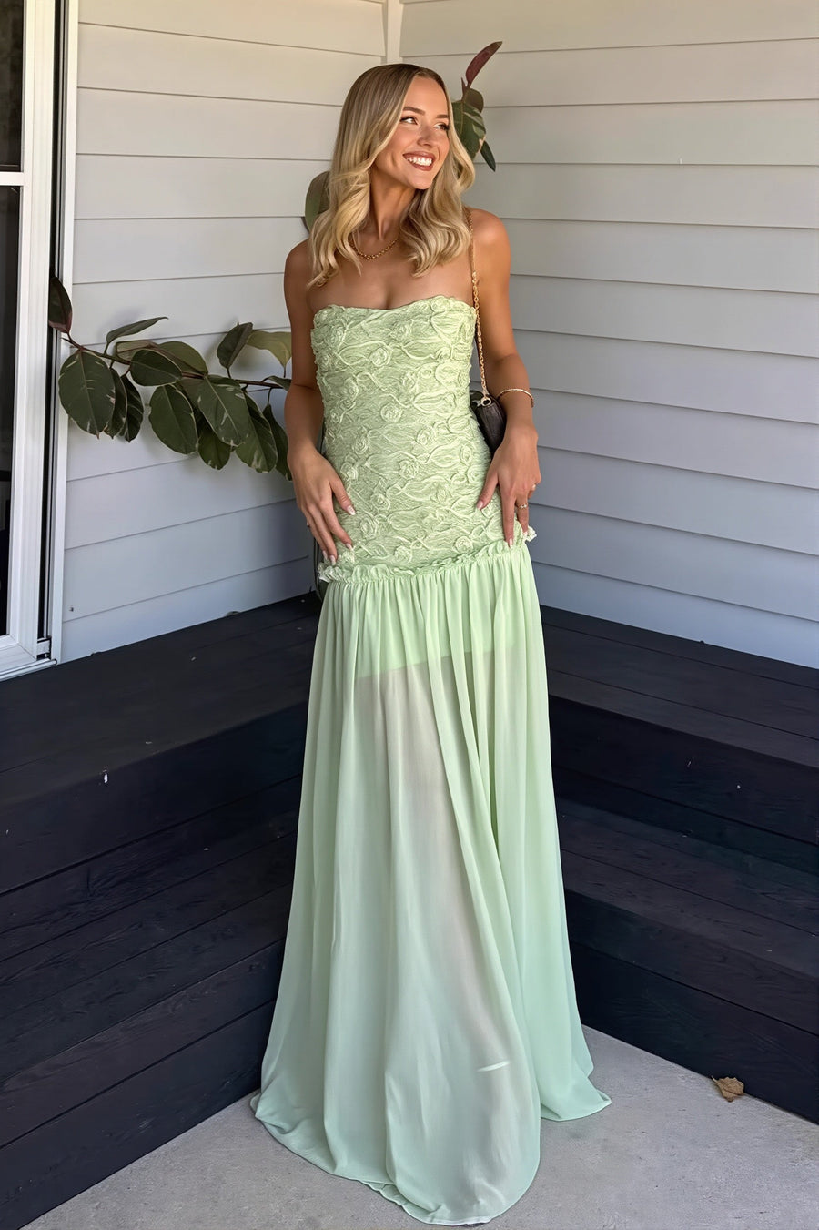 Cleo | Women's Strapless Floral Textured Bodice Chiffon Maxi Wedding Guest Dress