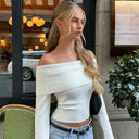 Clodagh | Women's Off Shoulder Foldover Neck Long Sleeve Ribbed Knit Top