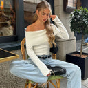Clodagh | Women's Off Shoulder Foldover Neck Long Sleeve Ribbed Knit Top