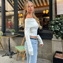 Clodagh | Women's Off Shoulder Foldover Neck Long Sleeve Ribbed Knit Top