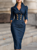 Collins | Women's Three-Quarter Sleeve Denim Pencil Midi Dress