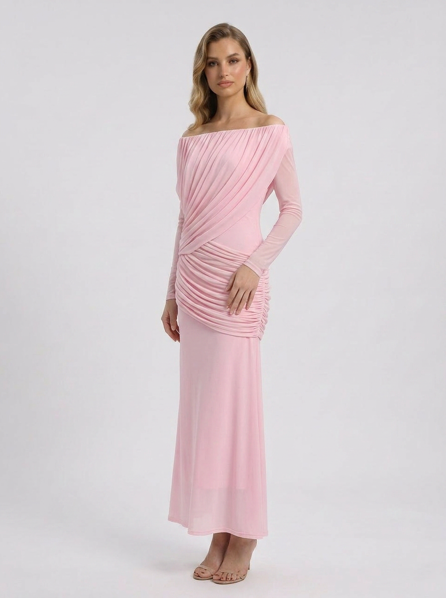 Crystal | Women's Off Shoulder Ruched Long Sleeve Maxi Wedding Guest Dress