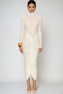 Dahlia | Women's High-Neck Ruched Midi Bodycon Dress