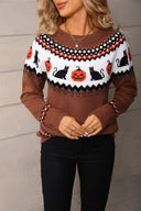 Darcy | Women's Halloween Knit Sweater Pumpkin Cat Pattern Long Sleeve