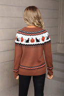 Darcy | Women's Halloween Knit Sweater Pumpkin Cat Pattern Long Sleeve