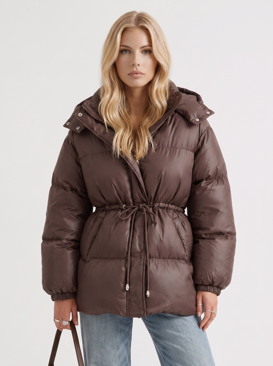 Delcie | Women's Hooded Drawstring Waist Zip Front Puffer Jacket