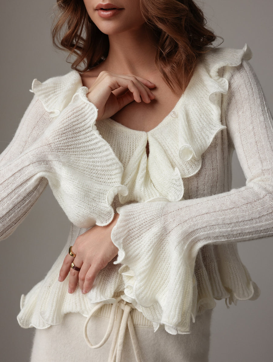 Della | Women's Scoop Neck Long Sleeve Ruffle Knit Tops