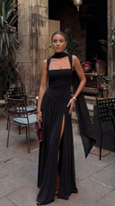 Delphine | Women's Scarf Neck Slit Solid Maxi Autumn Occasion Dress